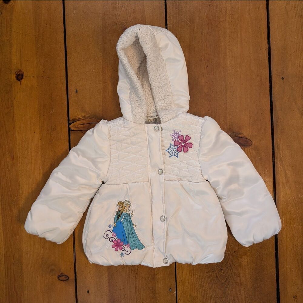 Disney Frozen Jacket Girls 4 White Hooded Quilted Puffer Coat Elsa Anna Fleece